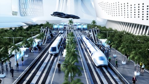 Sci Fi railway futuristic station. Future concept. Dinamyc trees. People and robot traffic. Aerial view Realistic 4k animation
