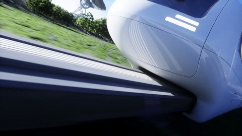 futuristic sci fi monorail train. Concept of future. Futuristic city background. Grass field. 4K realistic animation.