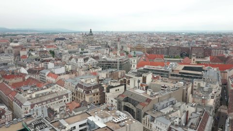 Aerial 4K view of city rooftop in Budapest, Hungary. 