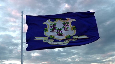 Flag of Connecticut waving in the wind against deep beautiful clouds sky