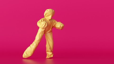 3d render, man wearing inflatable yellow Halloween costume of a dumpling, cartoon character dancing hip-hop over pink background. Funny mascot looping animation, minimal seamless motion design