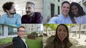 Cheerful couple, single bloggers and colleagues taking video selfie, speaking at camera. Closeup, multiscreen montage, collage portraits. Communication concept