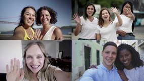 Positive smiling different people waving hello at camera, taking video selfie. Closeup, multiscreen montage, collage portraits. Communication concept