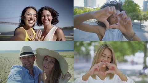 Joyful relaxed people smiling and speaking at camera, showing hand love gesture, taking video selfie. Closeup, multiscreen montage, collage portraits. Communication concept