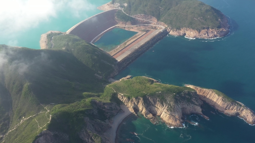 4K Aerial view of High Island Reservoir in Sai Kung in Hong Kong