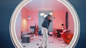 Zoom in shot of young expressive man with mustache and bowl haircut performing vogue dance in studio with creative interior and neon light