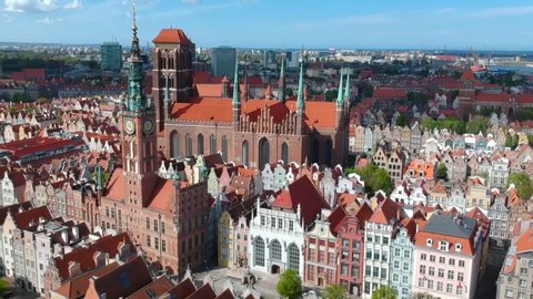 Aerial view of the old town in Gdansk with amazing architecture at summer,  Poland
