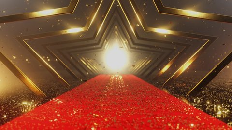 The camera moves along a corridor of gold stars and a red carpet strewn with gold confetti. The Golden confetti falls. 4K 3D loop animation