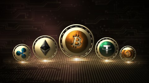 Top 5 Cryptocurrencies - Bitcoin Ethereum Tether Ripple BTC Cash - 3D Coins Loop