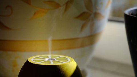 Aroma oil diffuser on the windowsill next to the flower pots at home, steam from the air humidifier; increase in air humidity indoors, comfortable living conditions, moisture