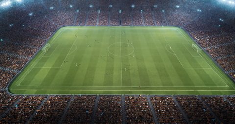 4k video of a 3d made soccer stadium with animated crowd and players at nigth.