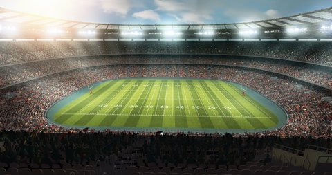 4k video of a 3d made American football stadium with animated crowd.