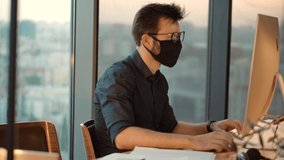 Businessman In Mask Protection Epidemic Coronavirus.Distance Working Webcam.Remote Working With Camera Chatting Colleagues Internet Online Meeting Conference Webinar.Man In Face Mask Working In Office