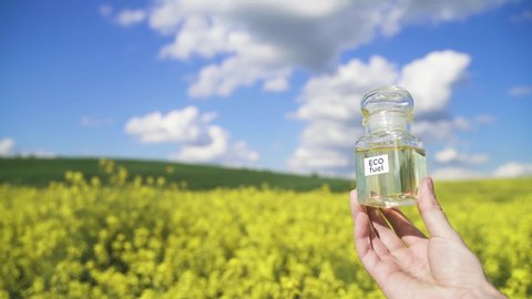 Glass bottle with eco fuel inside against a background of a yellow rapeseed field