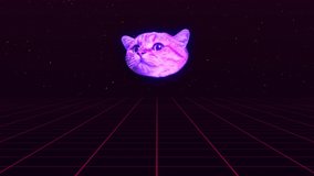 Abstract video animation with cat face on grid is shooting a laser out of his eyes on dark purple background. Fantastic motion design art. Red grid on below. Looks like computer game.