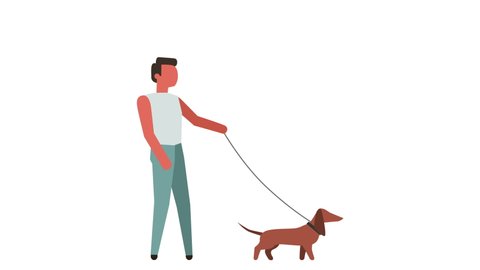 Stick Figure Color Pictogram Man Character Walk with Pet Dog Dachshund Cartoon Animation