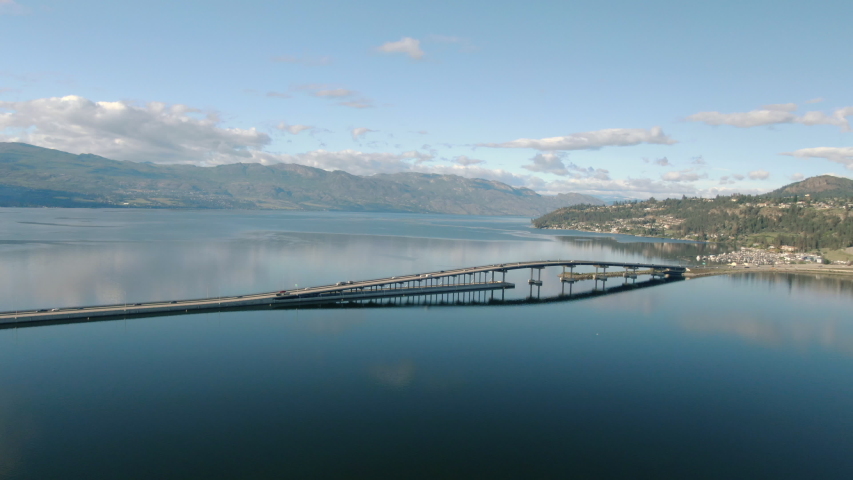 Aerial Drone Shot of Kelowna Bridge in Okanagan, William R. Bennett Bridge