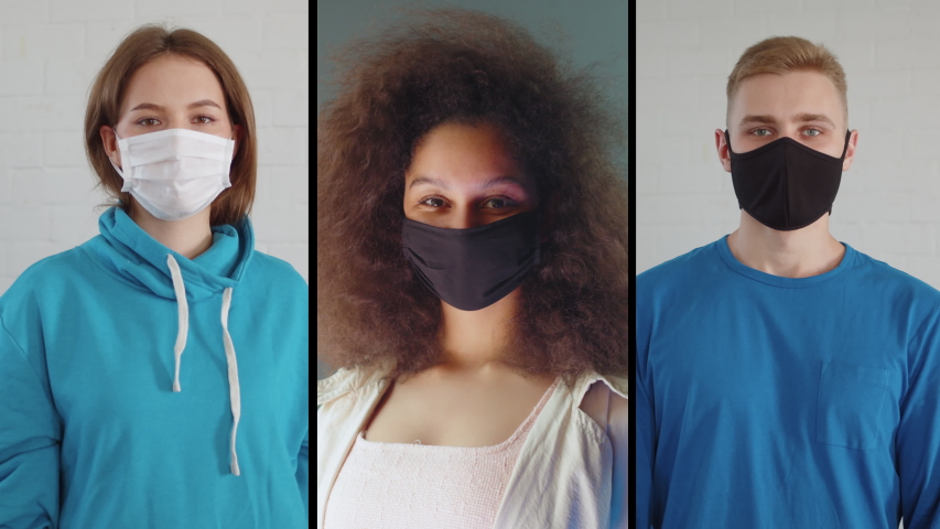 Happy positive people collage, young woman and man taking off protective medical mask from face, smiling. Happy end quarantine and home isolation. Victory over coronavirus. Pandemic Covid-19.