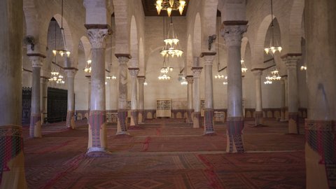 KAIROUAN, TUNISIA - JANUARY 7, 2020: Great Mosque of Kairouan interior view - the UNESCO World Heritage town of Kairouan