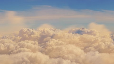 Aerial view of charter private jet flying above white clouds in the sunset light, 3d render