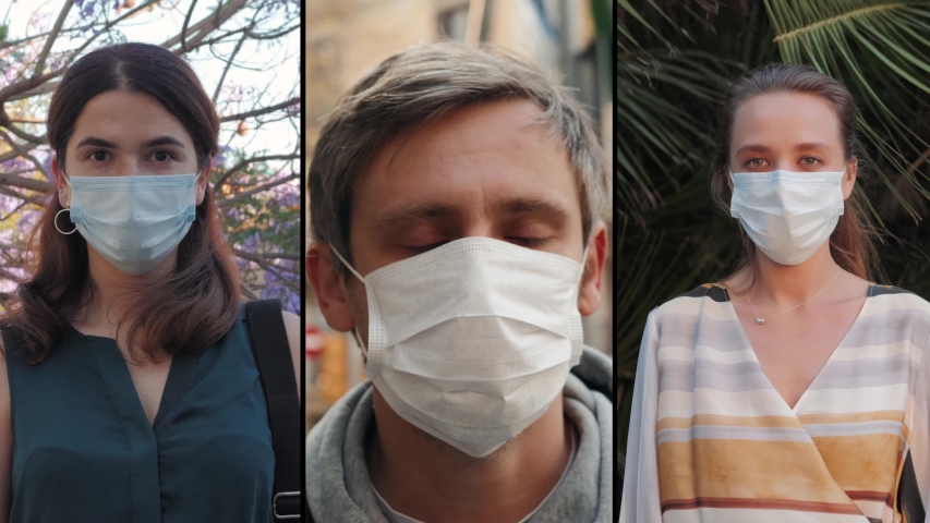 Group of people in masks, collage citizens Virus mask on street wearing face protection in prevention for coronavirus covid 19. public space on quarantine Royalty-Free Stock Footage #1054035524