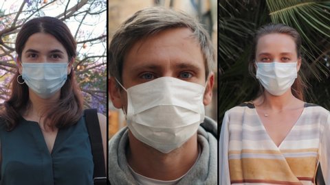 Group of people in masks, collage citizens Virus mask on street wearing face protection in prevention for coronavirus covid 19. public space on quarantine