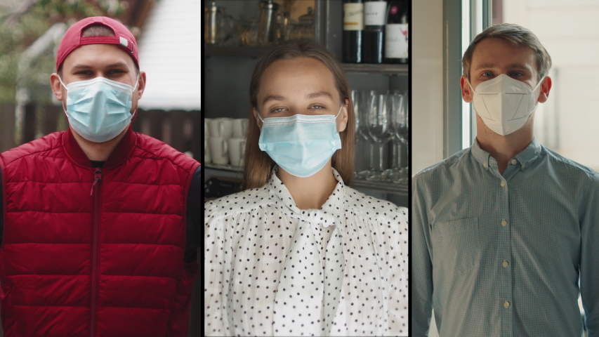 Collage group of people, small business after covid, Coffee Shop restaurant Woman Owner in Face Mask, courier, office worker, coronavirus Quarantine is over. Safety medical masks. Royalty-Free Stock Footage #1054035530