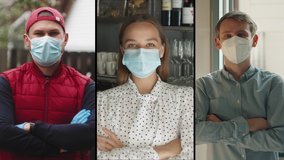 Collage group of people, small business after covid, Coffee Shop restaurant Woman Owner in Face Mask, courier, office worker, coronavirus Quarantine is over. Safety medical masks. - Powered by Shutterstock - Get 15% off with code: PIKWIZARD15