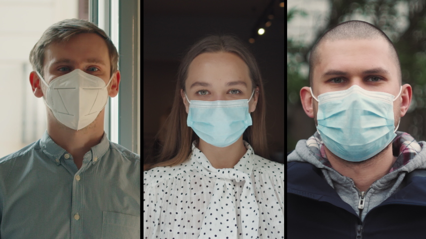Collage group of people, small business after covid, Coffee Shop restaurant Woman Owner in Face Mask, courier, office worker, coronavirus Quarantine is over. Safety medical masks. Royalty-Free Stock Footage #1054035533