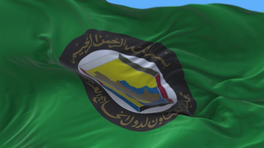 4k Gulf Cooperation Council flag,GCC cloth texture slow seamless loop waving with visible wrinkles in wind sky background.A fully digital rendering,animation loops at 20 seconds. 
