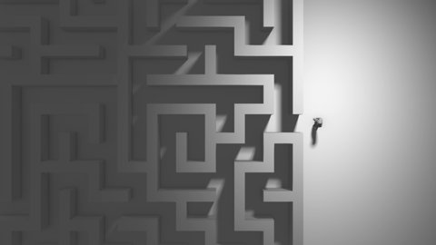 Difficult challenge of man person entering a maze labyrinth problem solving - 3d render animation