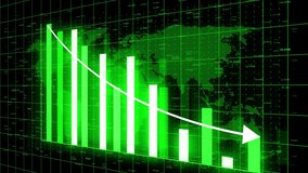 4k HUD graph with fall down arrow and bar stats,Financial data,diagrams showing a economic recession in profits,digital data wall with world map,Global economy,financial crisis. - Powered by Shutterstock - Get 15% off with code: PIKWIZARD15