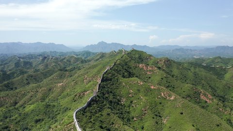 Drone point of view aerial footage of the Jinshangling section of the famous international landmark of Great Wall of China, Luanping County, Hebei province, China