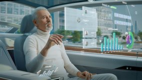 Futuristic Concept: Handsome Stylish Man Using Futuristic Augmented Reality Interface for Reading News and Checking Social Activity while Sitting on a Backseat of Autonomous  Self-Driving Car.  - Powered by Shutterstock - Get 15% off with code: PIKWIZARD15