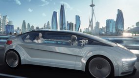 Futuristic Concept: Beautiful Female and Handsome Man are Having a Conversation in a Driverless Autonomous Vehicle. Futuristic Self-Driving Van is Moving on a Public Highway in a Modern City  - Powered by Shutterstock - Get 15% off with code: PIKWIZARD15