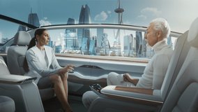 Futuristic Concept: Beautiful Female and Handsome Man are Having a Conversation in a Driverless Autonomous Vehicle. Futuristic Self-Driving Van is Moving on a Public Highway in a Modern City  - Powered by Shutterstock - Get 15% off with code: PIKWIZARD15