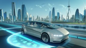 Futuristic Concept: Professional Female and Man  Having  Conversation in a Driverless Autonomous Vehicle. Futuristic Self-Driving Van is Moving on a Public Highway in a Modern City - Powered by Shutterstock - Get 15% off with code: PIKWIZARD15