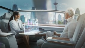 Futuristic Concept: Business Meeting Between Senior Male and Stylish Female inside a Futuristic Driverless Autonomous Car with Augmented Reality Presentation Interface. Self-Driving on City Streets - Powered by Shutterstock - Get 15% off with code: PIKWIZARD15