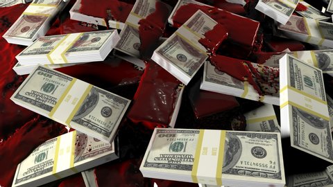 Blood flows to scattered bundles of hundred-dollar banknotes. Animation for business, criminal, financial, political or medical backgrounds.