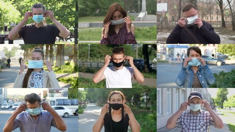 Different people in medical masks on the street.
Collage of nine people of different sex and age. They simultaneously put protective medical masks on their 
 faces.