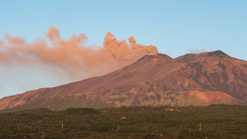 Eruption Etna volcano at sunrise in Sicily, Italy. Active volcano Etna on Sicilia island. 4k Time lapse video.