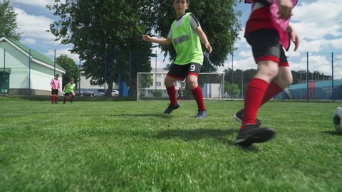 Group of young boys play soccer, training day on the football field, teenagers play football on a summer day, boy scores a goal.