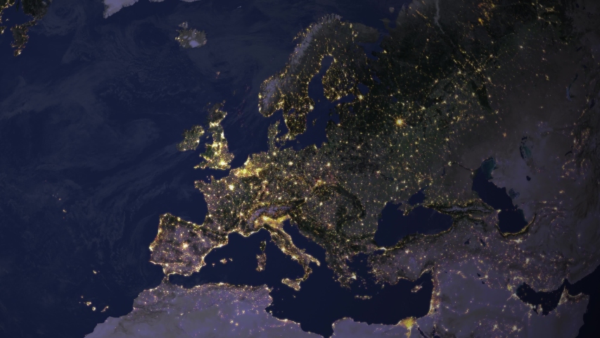 World Zoom Into Central and Eastern Europe - Planet Earth. The Night View of City Lights from space .Elements of this image furnished by NASA. Europe view from space at night  Royalty-Free Stock Footage #1054069292