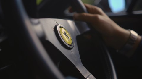 Guildford, Surrey, United Kingdom, 8th July 2019 / Ferrari 308 GTS - Interior Driving (Close up)