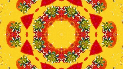 Kaleidoscopic Summer Berry Fruit Blasts. Red berries exploding over yellow background with hints of green leaves. Holiday vacation fun. Strawberry, Raspberry, Blackberry. VJ Beach Party Loops.