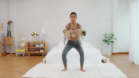 Athletic Healthy Asian woman in sportswear workout squats excercise with dog at home in bedroom,Young woman with slim body cardio aerobic exercises healthy lifestyle concept