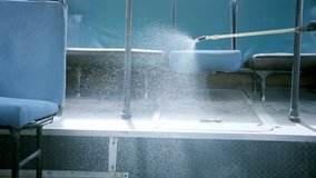 Man Disinfect Bus. Covid-19. Corona Virus Disinfection Transport. Antiseptic Sanitizer. Coronavirus Disinfectant. Worker Wear White Uniform Suit. Protect Mask covid 19. Spray Disinfecter corona virus. - Powered by Shutterstock - Get 15% off with code: PIKWIZARD15