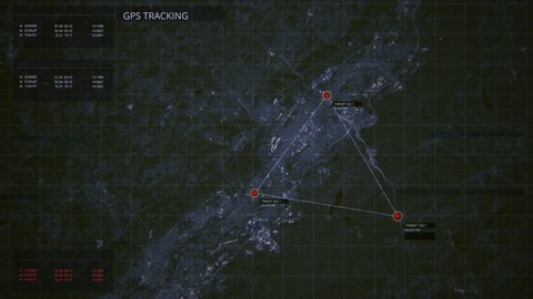GPS location scanning interface. SIM card tracking and following by spy security program. Special data in the corner. Three target dynamic indicators. Satellite map view. 3D render concept animation