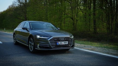 Straseni, Republic of Moldova. 9 April 2020. Test Drive Audi A8 Long, dynamic exterior images. (AB)
