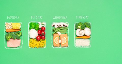 Meals planning stop motion. Weekly prep meals plan with uncooked food ingredients in containers on green background. Time-saving meal plan 4k video.
